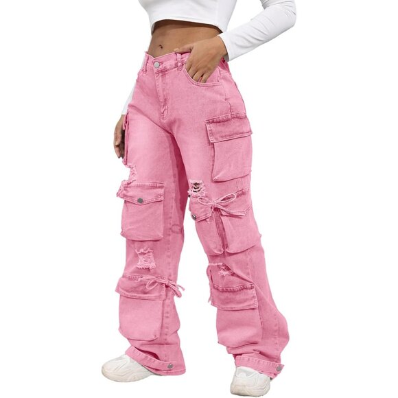 3XL Women's Pink High Rise Baggy Denim Pants - Chic Flap Pocket Cargo Style